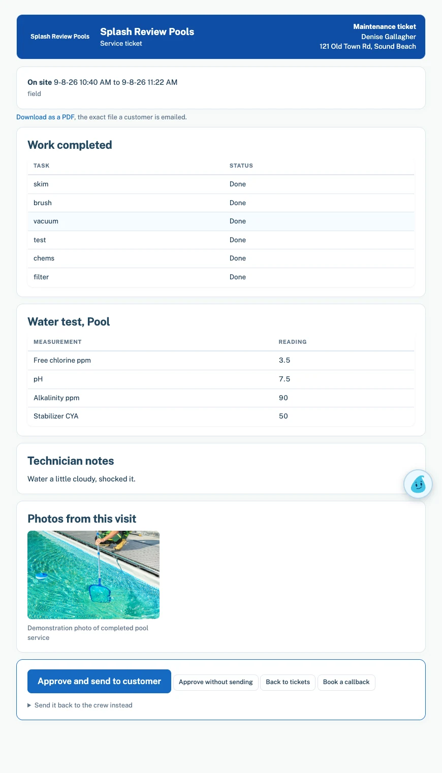 Actual demo service ticket showing the completed visit, readings, treatments and pool photo
