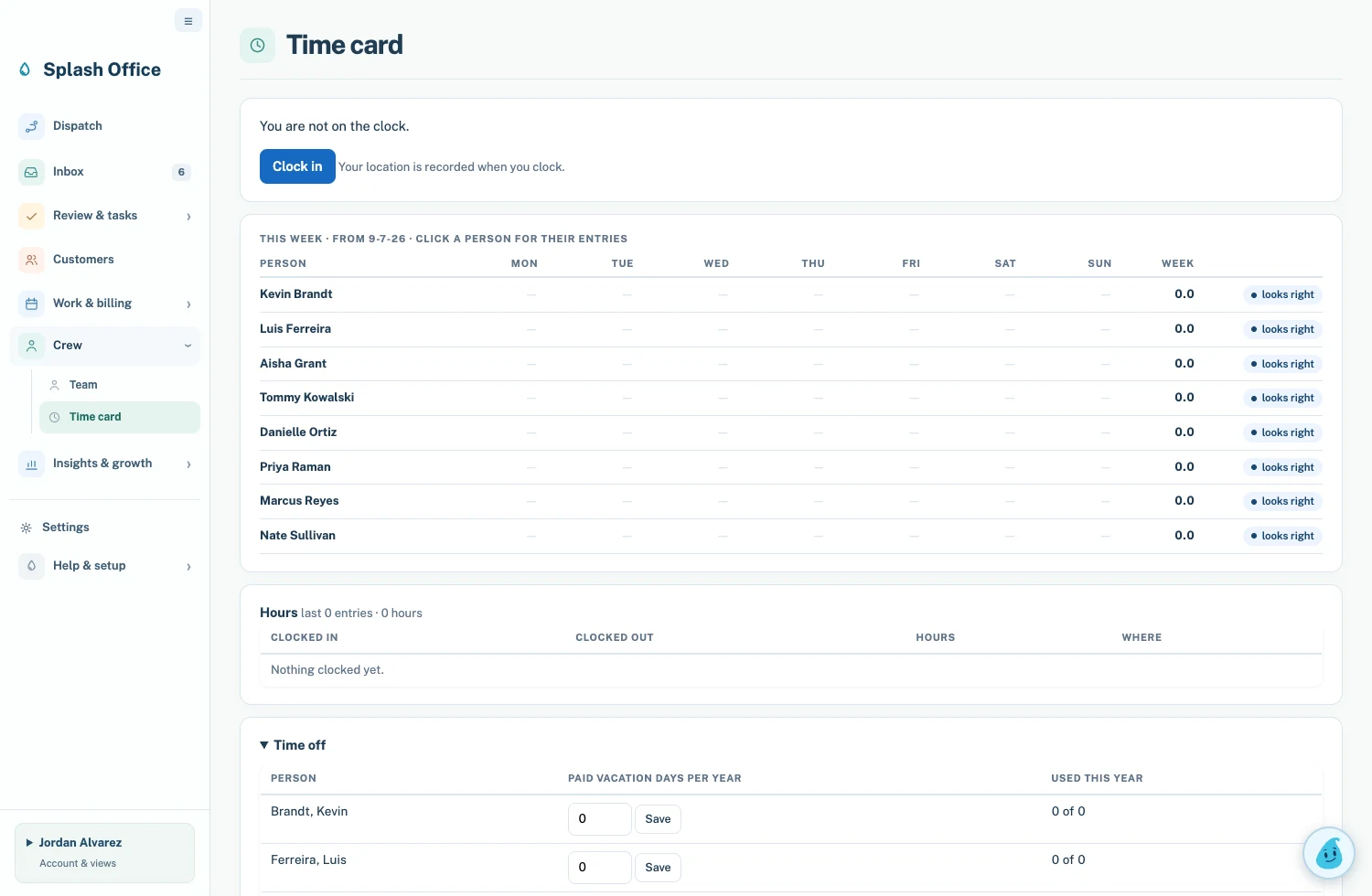 Demo timecard screen